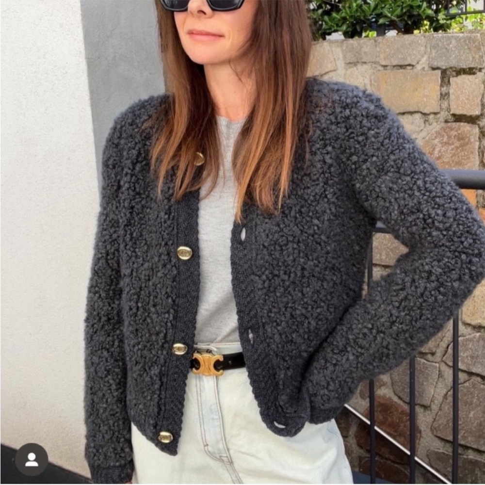 Massimo Dutti Boucle Knit Cardigan with button Charcoal Gray